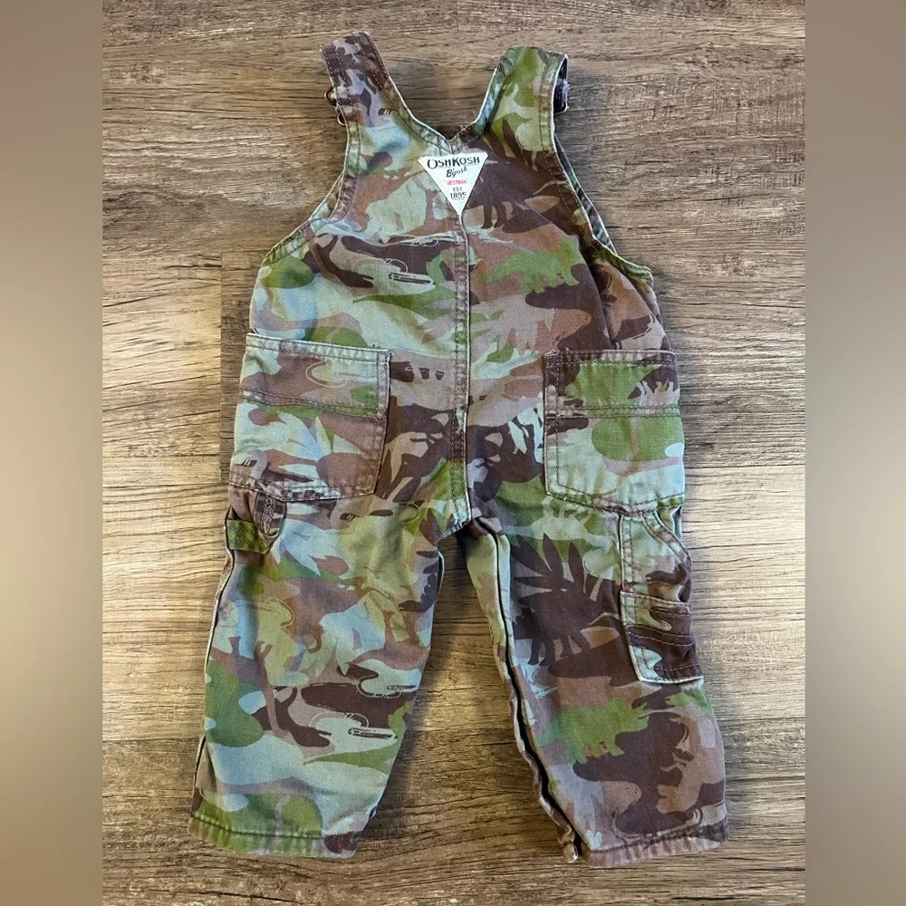 Baby Boy 6 Mth OshKosh B'Gosh Toddler Dinosaur Camouflage Overalls Bibs Camo H31